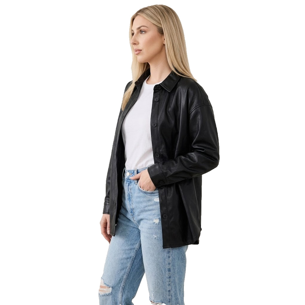 Thread & Supply Black Faux Leather Shacket Jacket Size L Boyfriend NWT - Picture 3 of 9